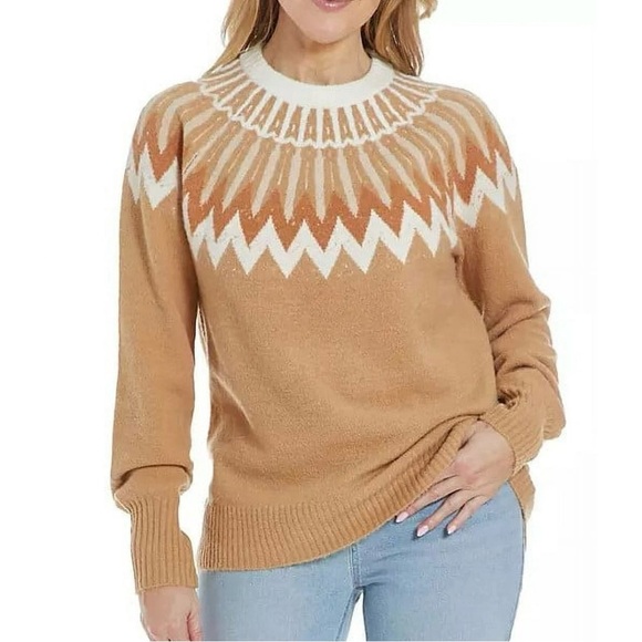 French Connection Tan Fair Isle Crewneck Sweater Cabincore Snow Bunny XL - Picture 1 of 11